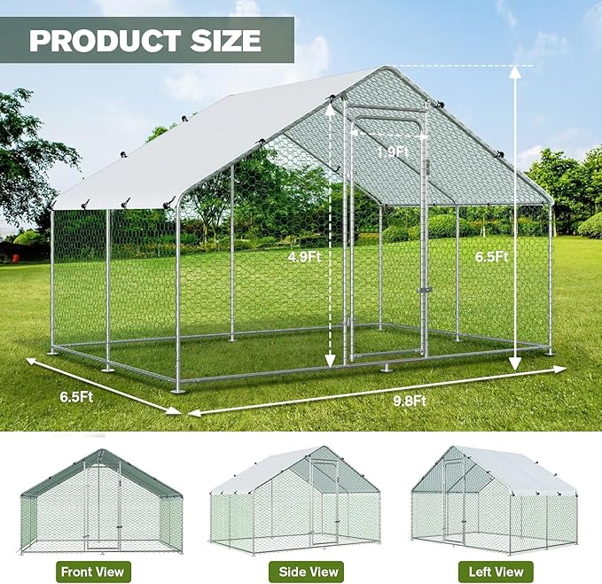 Large Metal Chicken Coop Walk-in Chicken Run with Waterproof Cover Outdoor Backyard Farm Anti-UV Spire Shaped Cage for Poultry, Ducks, and Rabbits(9.8' L x 6.5' W x 6.5' H)