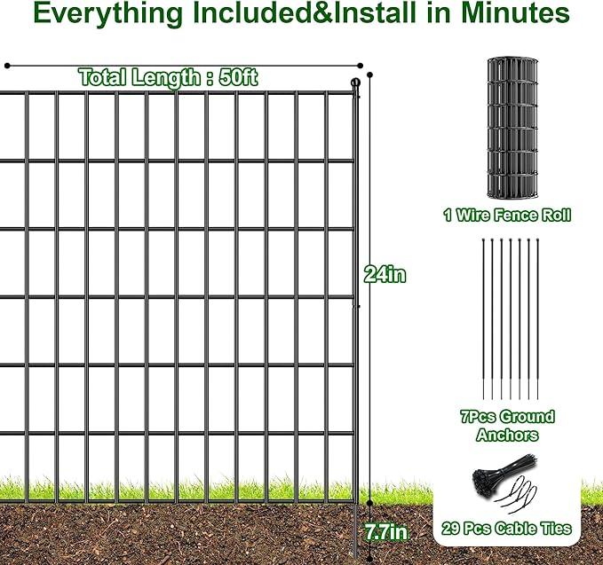 AMAGABELI GARDEN & HOME Black PVC Coated Weld Wire Fence Mesh 24inch ×50ft Hardware Cloth for Chicken Coop Vegeatable Garden Bed Yard Plant Protection Poultry Netting Barrier Dog Cat with Stakes Ties