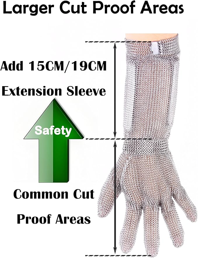 15cm Long Chainmail Glove for Butcher, Finger Protective Safety Work Glove, Cut Resistant Glove Food Grade,316L Stainless Steel Metal Mesh Gloves with Metal Craw (L)