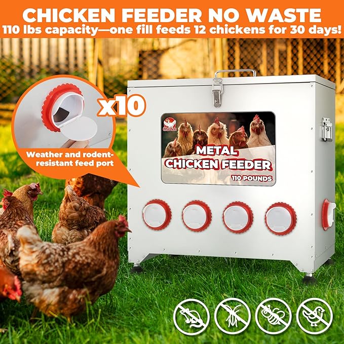 110 lbs Chicken Feeder No Waste-10 Port Large Chicken Feeder with Adjustable Height,Locking Lid,Rainproof-Metal Poultry Feeders for Chickens (Sliver, 23.76 * 22.78 in)
