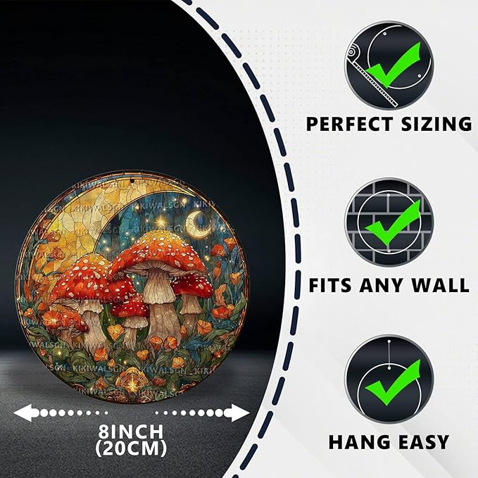 Vintage Mushroom Round Metal Sign Retro Tin Sign Nostalgic Rustic Wall Decor Decorations for Home Bedroom Living Room Cafe Bar Kitchen Yard Fence Door Outside Farmhouse 8 * 8 In