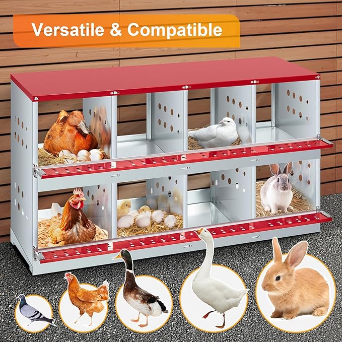 8-Compartment Chicken Nesting Box with Roll-Away Egg Collection - Metal Laying Box for Hens and Ducks, Features Pull-Out Tray & Swing Perch, Wall Mount Design for Coops