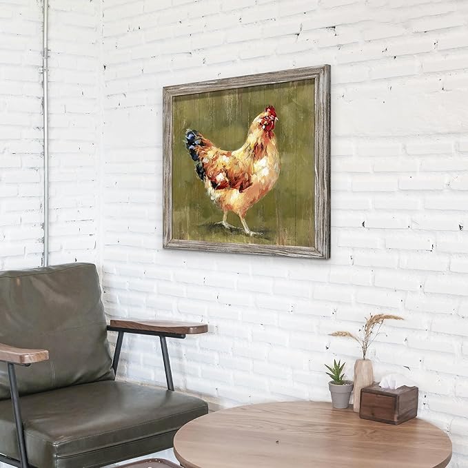 Farm Rustic Wall Art Decor: Farmhouse Chicken Framed Wood Prints Vintage Country Animal Picture Artwork Hen Chickens Kitchen Painting for Home Living Room 24 x 24 Inches