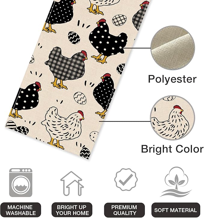 Seliem Chicken Hen Table Runner, Black White Eggs Plaid Polka Dots Farm Kitchen Dining Table Decor, Spring Farmhouse Burlap Home Decoration Indoor Outdoor Party Supply 13 x 72 Inches