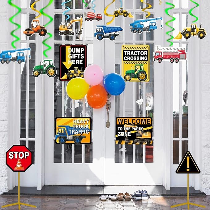 WERNNSAl Construction Party Decorations - 12PCS Truck Signs Birthday Decorations for Kids Boys Construction Birthday Party Supplies Funny Traffic Road Signs for Baby Shower Home Garden Yard Decor