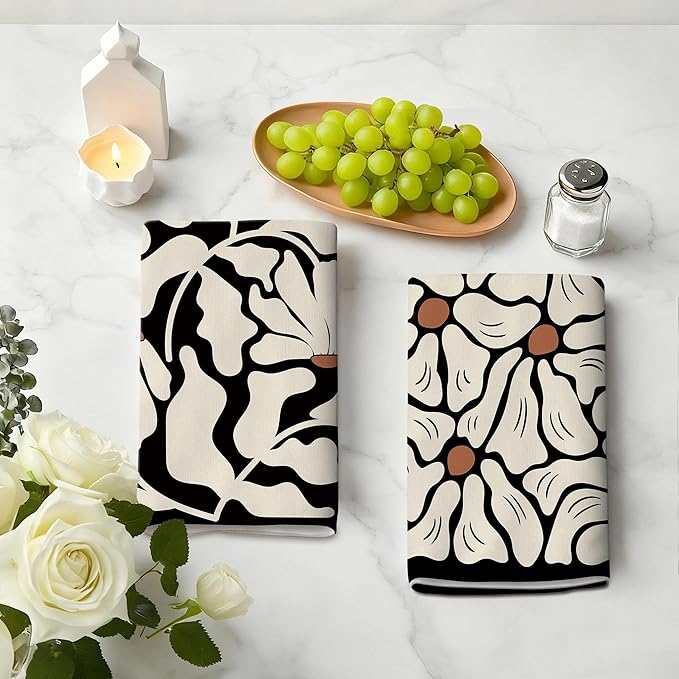 Boho Floral Kitchen Towels Decorative Set of 4, Black Geometric Dish Towel, Beige Decor Hand & Tea Towels for Kitchen Drying, Housewarming Gifts for Women