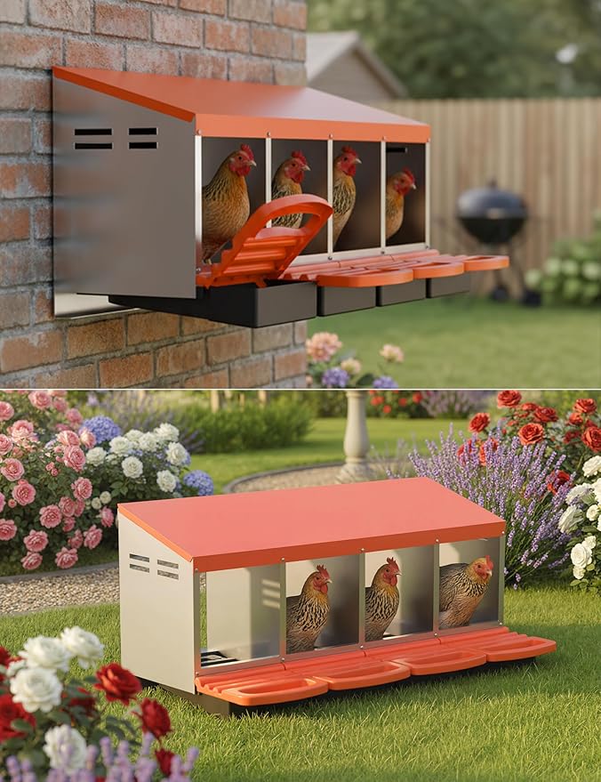 Chicken Nesting Boxes, 4 Hole Metal Rollaway Nest Box for Laying Hens with Cleanable Pull-Out Trays Wall Mount or Placed Design for Easy Egg Collection & Cleaning