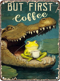 EVRISIGN Vintage Coffee Tin Sign But First Coffee Retro Frog Metal Poster Wall Decor Funny Nostalgic Rustic Metal Sign For Home Office Cafe Kitchen Bar Man cave Bedroom Living Room 16 * 12In