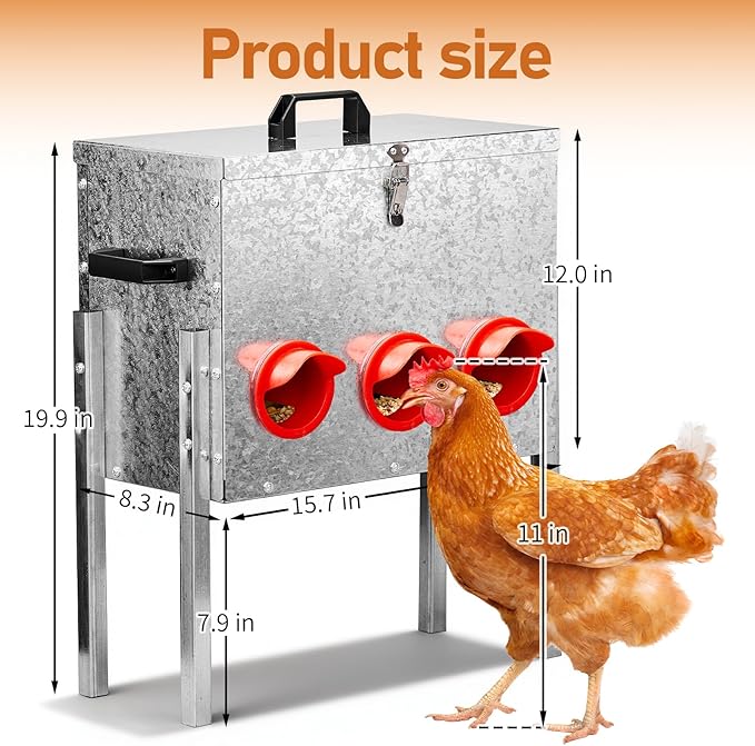 VINGLI Chicken Feeder with 6 Feeding Ports, 40 lb No Waste Large Capacity Metal Poultry Feeder with Handles and Lid for Backyard Chickens and Poultry (6 Ports)