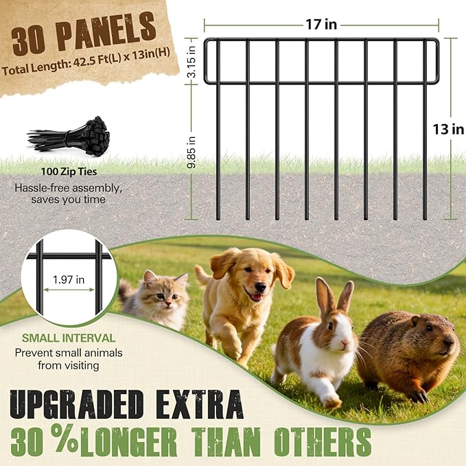 42.5FT Garden Fence Animal Barrier - 30 Pack No Dig Fence Panels Dog Fence, Rustproof Metal Anti Digging Barrier Garden Edging Border, Outdoor Animal Barrier Fencing for Yard, Rabbit, Patio