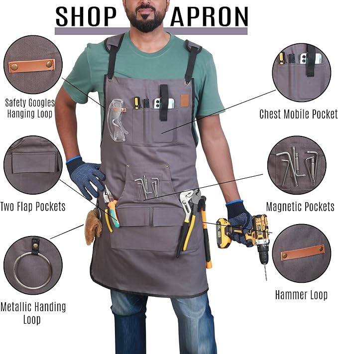 Woodworking Apron for Men - 9 Reinforced Pockets Durable Canvas Padded Cross Straps - Woodworking Gifts for Men
