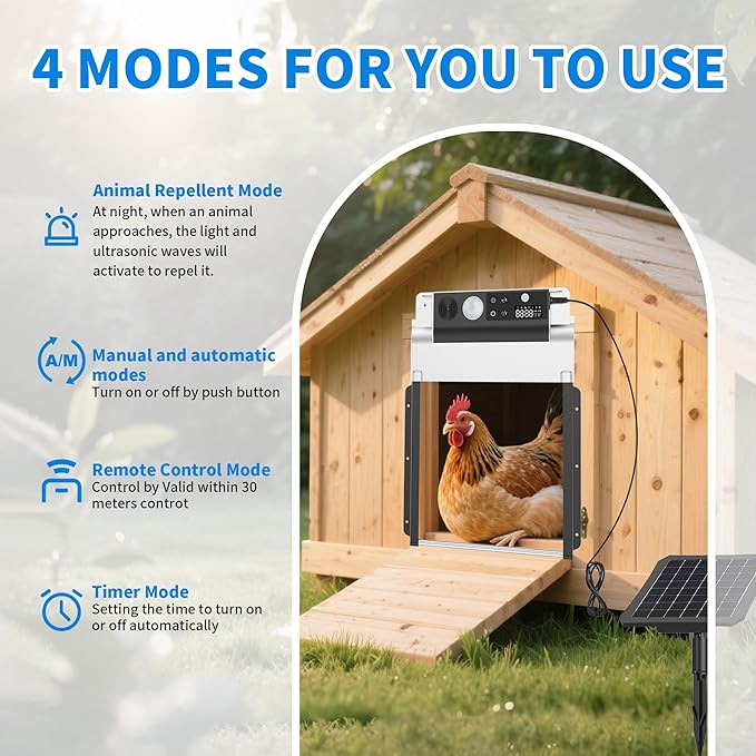 TIANMU Automatic Chicken Coop Door, Solar Powered Chicken Coop Door with Timer & Light Sensor, Automatic Chicken Door Intelligent Anti-Pinch Function & 4 Modes & Remote Control Chicken Door