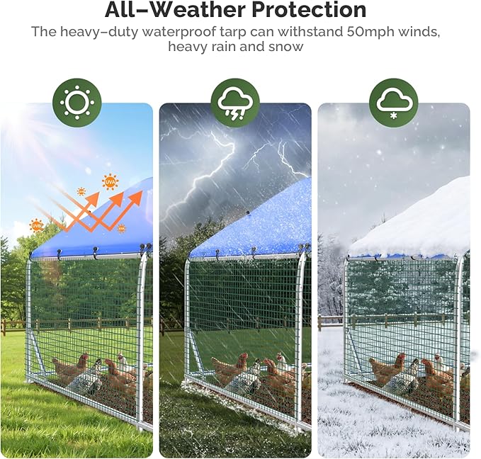 Sino Luban Metal Large Chicken Coop Run with Small Mesh Hardware Cloth for 20 Chickens/Ducks, Chicken Runs for Yard with Waterproof Cover, Chicken Enclosure Pen Outdoor, Walk-in Poultry Cage