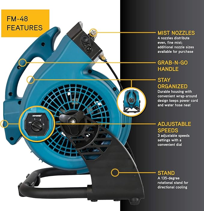 XPOWER Misting Fan FM-48, Outdoor Cooling, Heavy Duty, Powerful, High Velocity, 3-Speed, Ideal for Camping, Patios, Picnics, & More