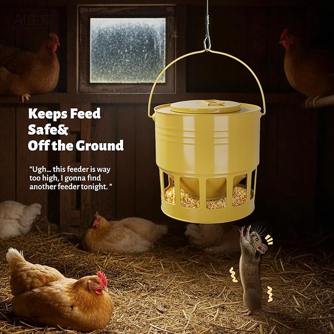 KOL Hanging Chicken Feeder – 20lbs Metal Chicken Feeder No Waste, Adjustable Poultry Feeder with 12 Ports, No Installation & Universal Height Design (Yellow)