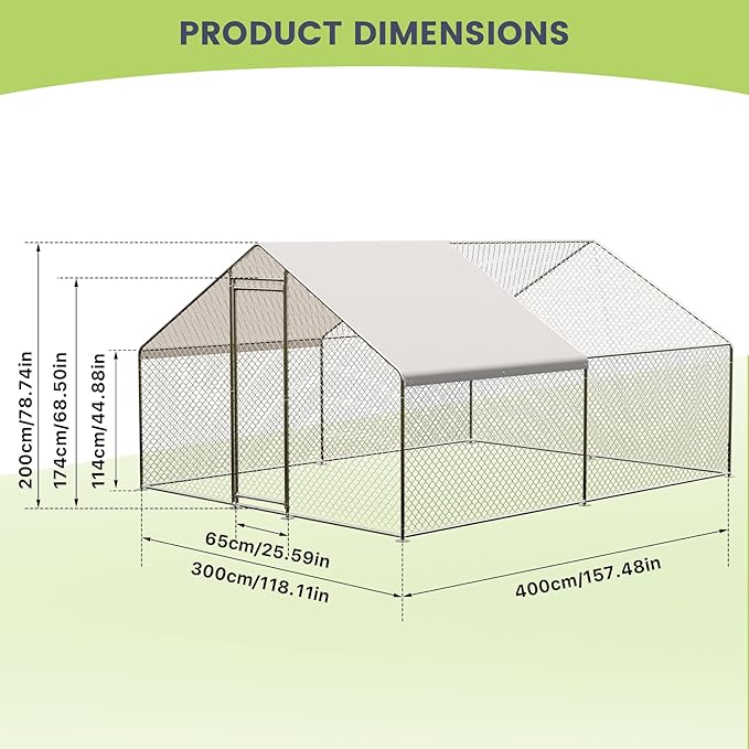 Large Metal Chicken Coop with Run, Walk-in Chicken Coop with Waterproof and Anti-Ultraviolet Cover, Outdoor Poultry Cage & Hen House, Spire Roof Design for Farm Yard, 9.8 x 19.7 x 6.6 FT
