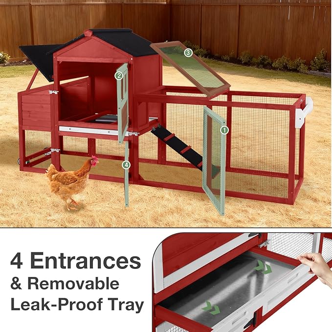 Large Mobile Chicken Coop Wooden with Wheels, Expandable Outdoor Chicken House with Nesting Box & Pull-Out Tray, Easy-Clean Poultry Coop for 2–3 Chickens & Ducks
