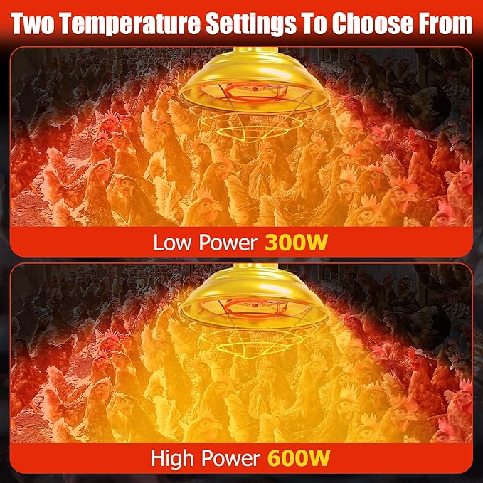 Heat Lamp for Chickens,300W-600W Dual-Temperature Chicken Coop Heater,Carbon Fiber Heating Element,Aluminum Alloy Shade & 6.6' Hanging Chain for Winter Poultry Warmth