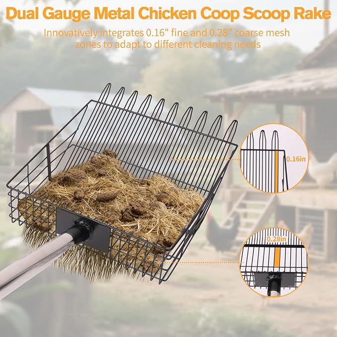 Reptilux Heavy Duty Chicken Poop Scooper Adjustable Long Handle - Stainless Steel Sifter Shovel for Sand & Hemp Bedding - Metal Coop Scoop Rake - Chicken Accessories for Poultry, Dog & Cat Litter