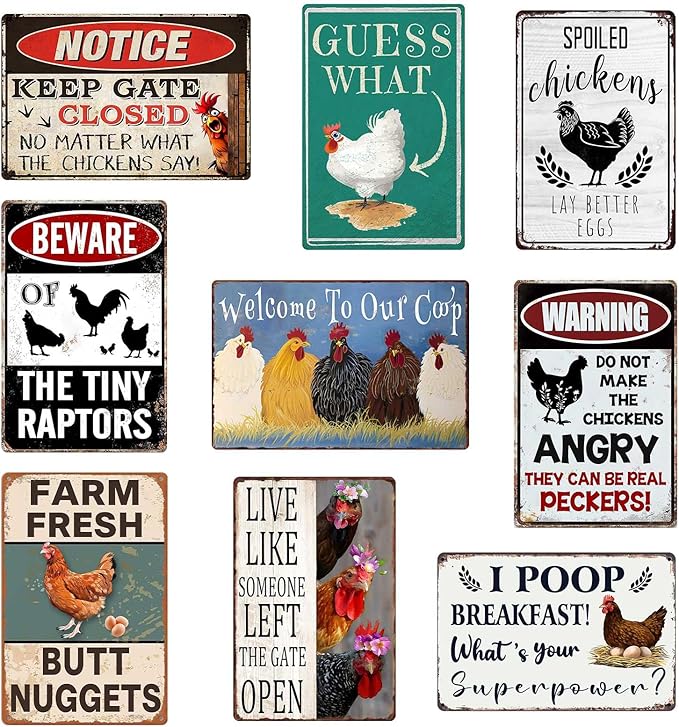 Funny Chicken Coop Signs Outdoor Decor - Personalized Metal Farm Signs for Outdoors, Vintage Chickens Tin Sign 8x12 Inches (9-Pack) - Chicken Gifts for Chicken Lovers, Farmhouse Yard Fence & Garden Wall Decor