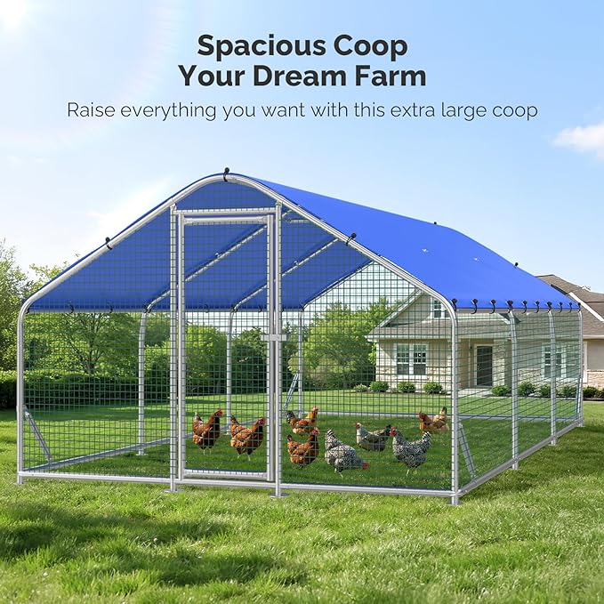 Sino Luban Metal Large Chicken Coop Run with Small Mesh Hardware Cloth for 30 Chickens/Ducks, Chicken Runs for Yard with Waterproof Cover, Chicken Enclosure Pen Outdoor, Walk-in Poultry Cage