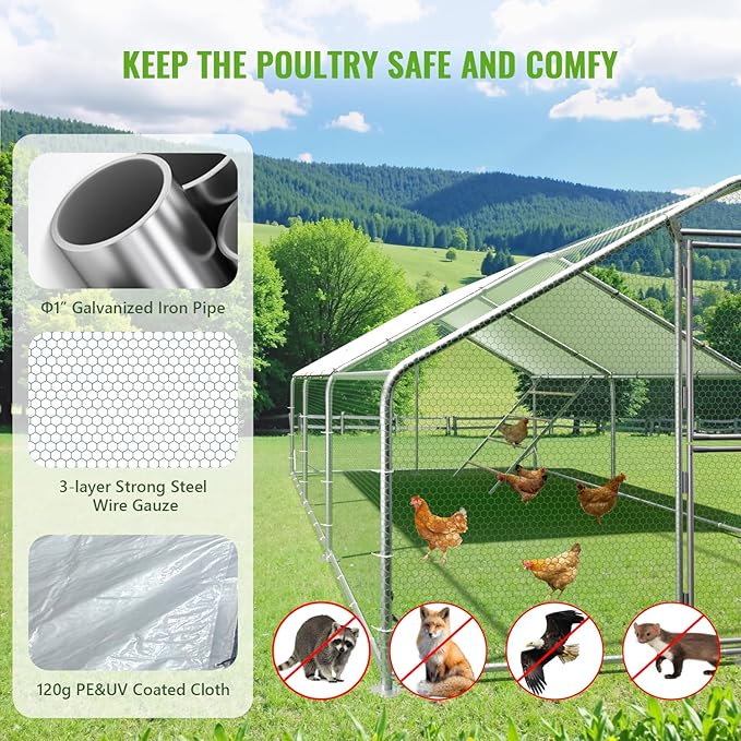 Large Metal Chicken Coop, 10x20x6.5FT Chicken Runs for Yard with Cover and Roosting Perch, Split Doors Walk in Chicken Coop