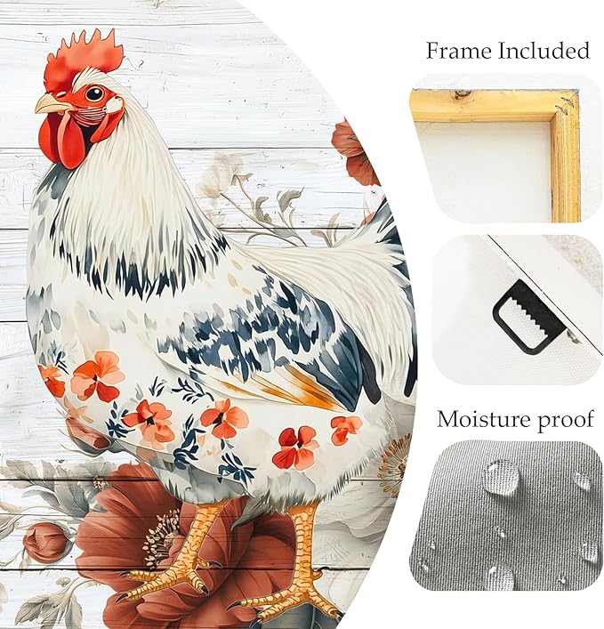 Framed Chicken Wall Art 16x16 Inch Rooster on Flower Stand Canvas Print Farmhouse Country Style Artwork for Kitchen Living Room Rustic Home Wall Decor (Rooster and flowers, 16L×16W)