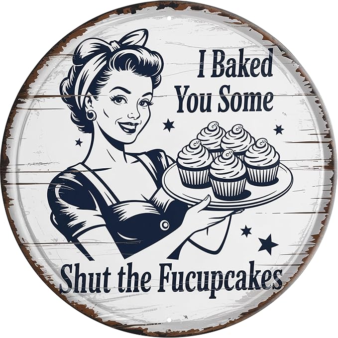 AWISZZZ Shut Up Cupcakes Metal Sign 8x8in Round Funny Plaque for Bakery Kitchen Wall Decor Baker Gift