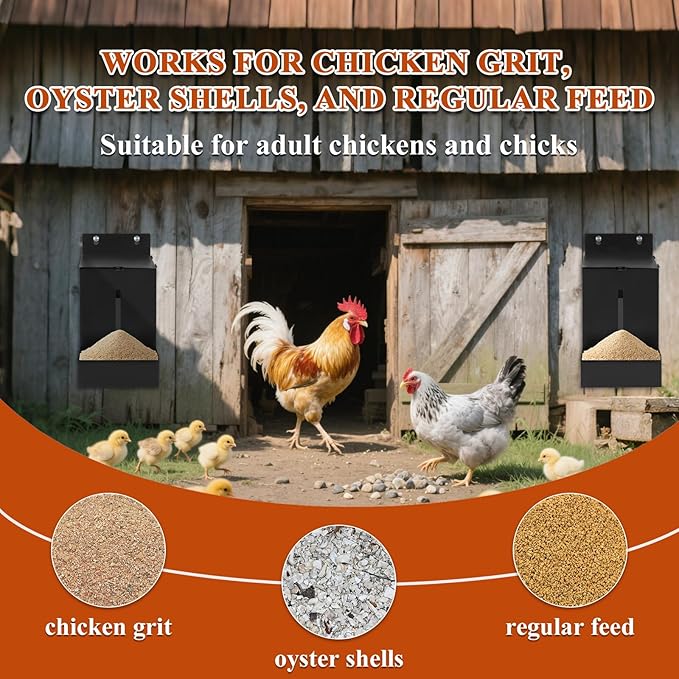 2pcs Metal Chicken Grit and Oyster Shell Feeder with View Window,Hanging or Mountable Poultry Feeder for Hens,Large Capacity, for Egg-Laying Chickens