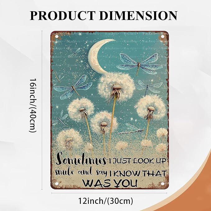 Dandelion Dragonfly Vintage Tin Sign Just Look Up Smile Say I Know That Was You Inspiring Vintage Tin Sign Wall Art Decor for Home Living Room Bedroom Office Cafe And Pub Decoration 12X16Inch