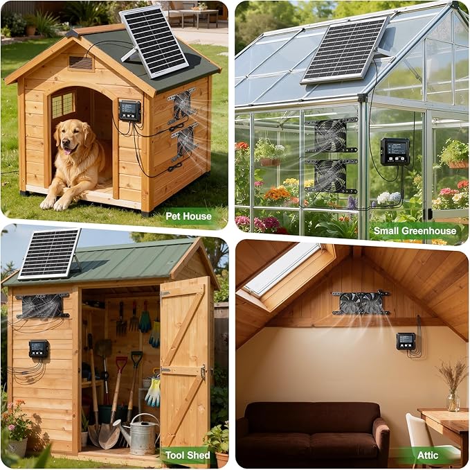 TARKARI Solar-Powered Exhaust Fan with Battery & Smart Sensing – 25W Solar Panel, 2 * 4.7" Fans, 3 Modes, IP65 Waterproof | Ideal for Chicken Coop, Dog House, Shed, Greenhouse, Outside