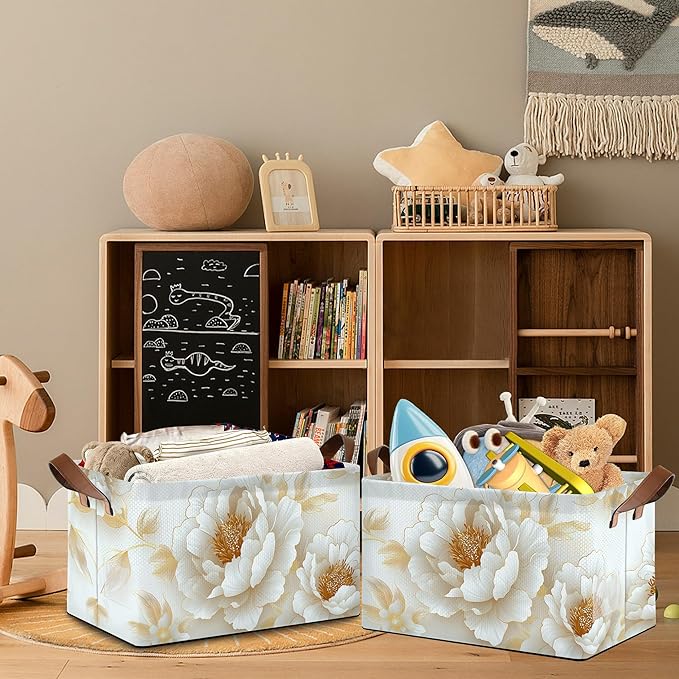 Vintage Peony Storage Baskets,White Gold Flower Foldable Large Capacity Organizer Bins with Waterproof Lining and Leather Handles for Closet,Shelf,Bedroom 17x11.5x10Inch