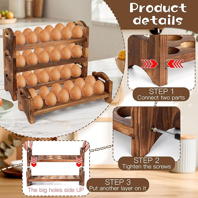 4-Tier Wooden Egg Holder Countertop, Egg Holder for Fresh Eggs, Farmhouse Kitchen Egg Tray Rack Holds 48, Firewood Stackable Egg Storage Basket with Carry Handle for Kitchen Refrigerator Counter
