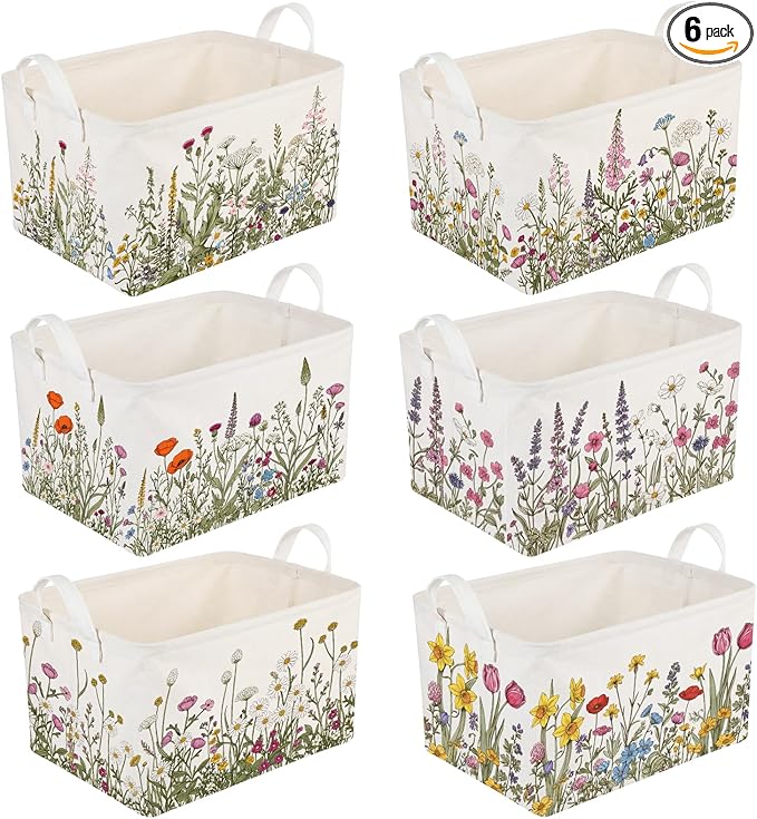 CHENGU 6 Pack Spring Floral Storage Bins Collapsible Wildflower Baskets with Handles Large Multicolored Flower Basket Farmhouse Foldable Organizers Rustic Home Decor for Bedroom Office Home