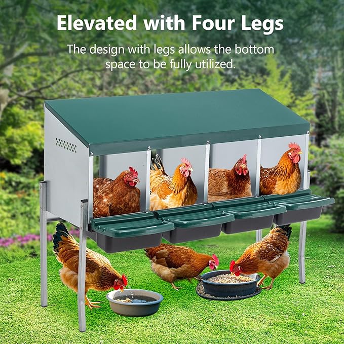 Chicken Nesting Box for Laying Eggs - 4 Room Chicken Laying Boxes, Nesting Boxes for Chickens, Heavy Duty Metal Chicken Coop, 42.12" L x 12.99" W x 31.88" H