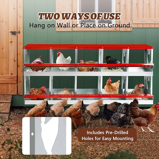 Chicken Nesting Box,Heavy Duty Metal Nest Boxes,10 Hole Roll Away Nesting Boxes,with Large Vented Holes,Wall-Mountable Chicken Coop Nesting Boxes,for Chickens,Ducks,Large Egg Boxes (Red 10 Hole)