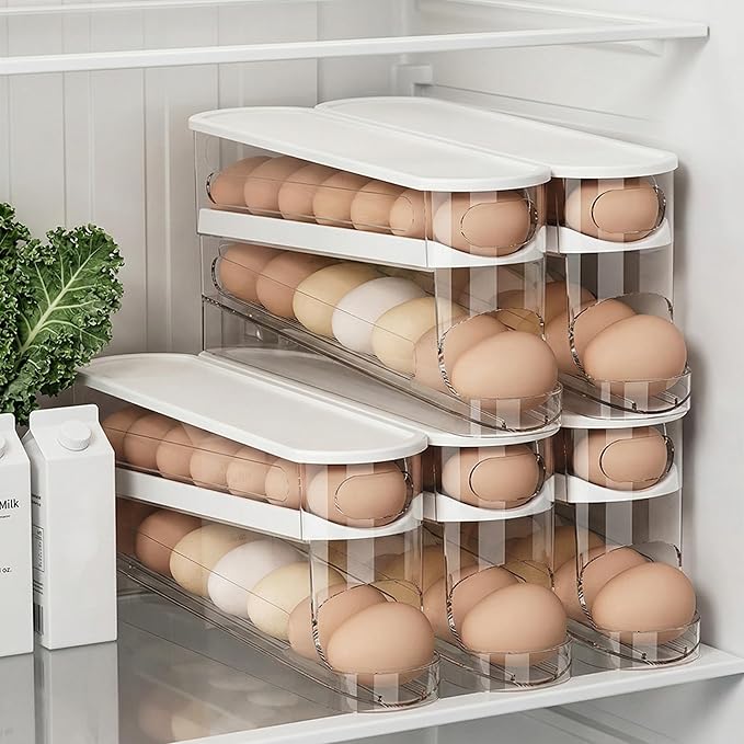 Auto-Rolling Egg Dispenser with Lid - Transparent Fridge Egg Organizer, Space-Saving Refrigerator Storage Box with Slide Design for Side Door, Stackable & Easy Access (1 Pack)