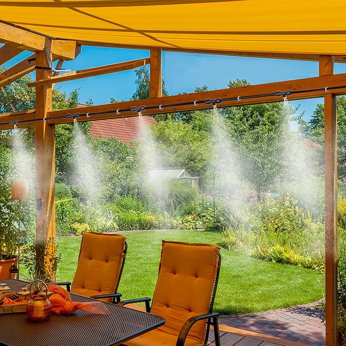 Pre-Assembled Chicken Coop Misting System for Cooling - Leak-Resistant Mist Hose Kit for Summer Poultry Heat Relief, Included 26ft Line, 3/4" Adapter, 7 Brass Nozzles, Filter Gasket Accessories
