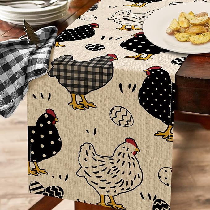 Seliem Chicken Hen Table Runner, Black White Eggs Plaid Polka Dots Farm Kitchen Dining Table Decor, Spring Farmhouse Burlap Home Decoration Indoor Outdoor Party Supply 13 x 72 Inches