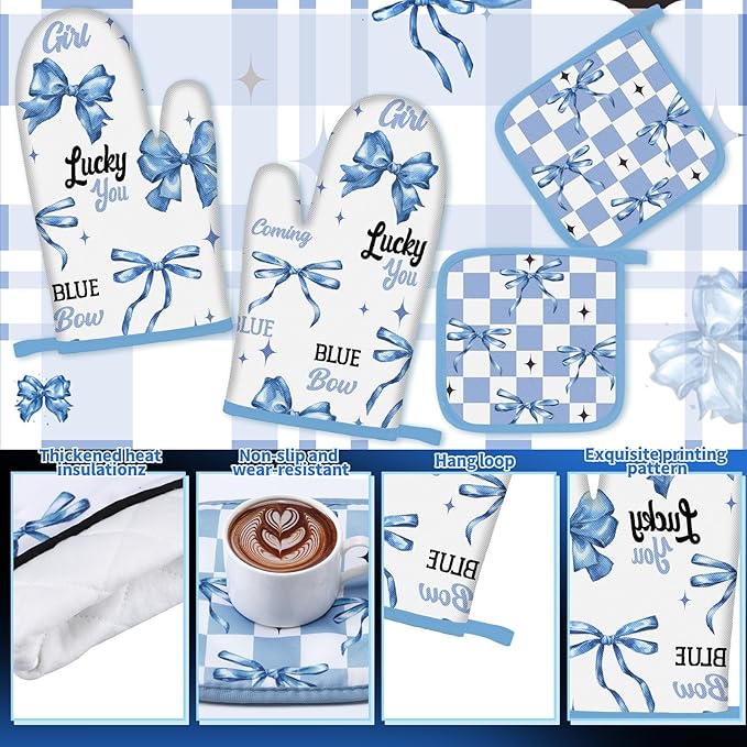 10 Pcs Blue Bow Kitchen Decor Set Dish Towels Kitchen Rugs Oven Mitts and Pot Holders for Cooking Baking Grilling Women Mom Gift