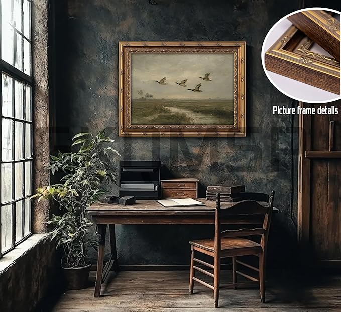 Vintage Gold Framed Flying Duck Wall Art Mallard Duck Canvas Wall Decor Rustic Mallard Poster Artwork Retro Rustic Farmhouse Animal Picture for Home Living Bedroom Farmhouse Hallway 9x11in