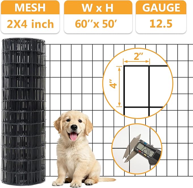 Black Metal Garden Fence, 60inch(H) x 50ft(L), 2 inch x 4 inch,12.5GA 2/3/4/5/6 Ft Tall Chicken Wire PVC Coated Welded Wire Mesh Roll for Dogs Border Yard Vegetable Plant Protection Poultry Netting
