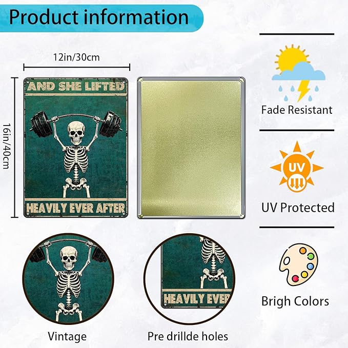 Skeleton Vintage And She Lifted Heavily Ever After Metal Tin Sign 12x16 Inch Gym Metal Poster Funny Skull Gym Tin Sign Home Kitchen Garden Bar Coffee Restaurant Bathroom Are Wall Decor