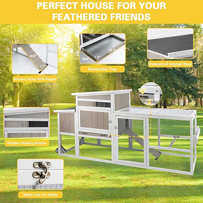 Portable Chicken Coop Wooden Hen House with Nesting Box,157.4" L Outdoor Chicken House with Wheels and Removable Tray,Fir Wood Chicken Tractor with 4 Ventilation Door and Ramp,Grey