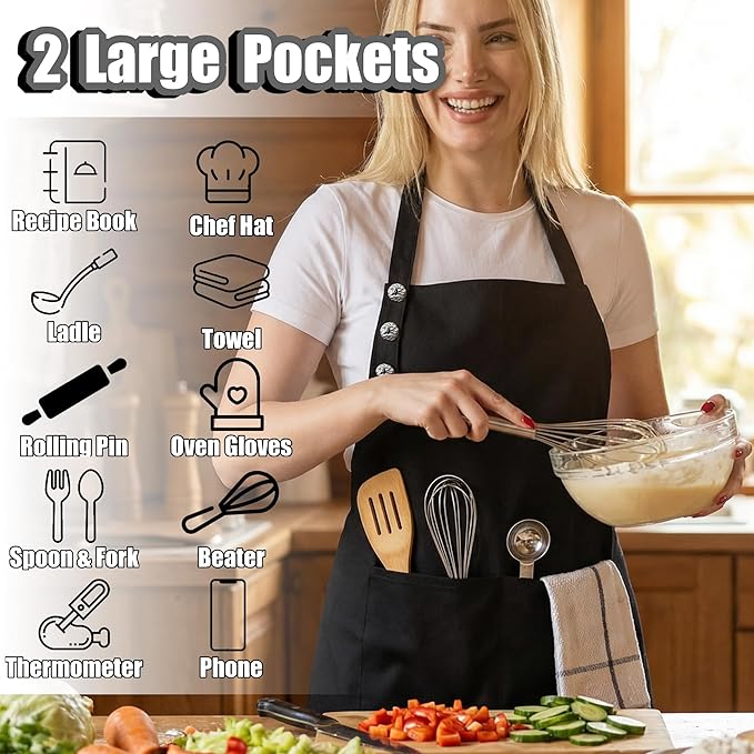 TOSHE Kitchen Apron Waterdrop Resistant Cotton Apron with adjustable Aprons for Women with Pockets 10 Color option Cooking Black Apron (Black)