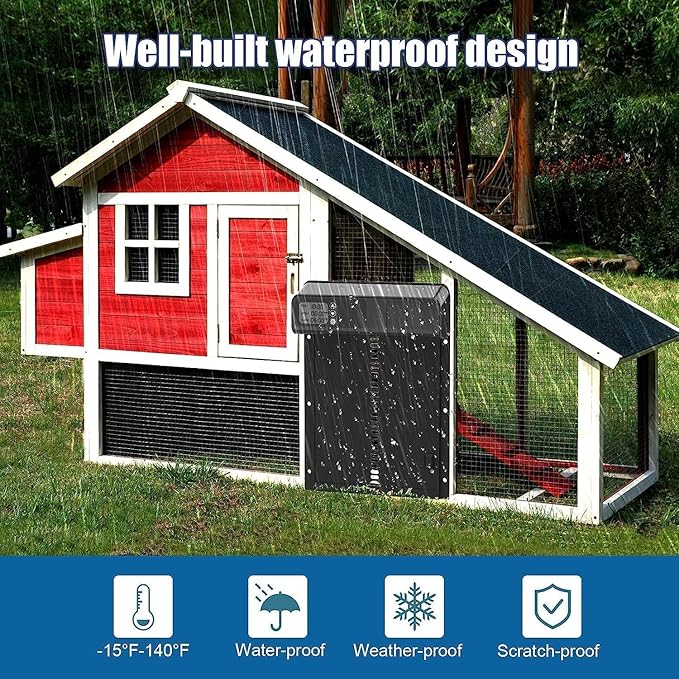 Automatic Chicken Coop Door with Timer, Gear Lifter Poultry Gate,Battery Powered, Evening and Morning Delay, Full Aluminum Door, Automatic Chicken Door Opener with LED Liquid Crystal Display (V-Black)