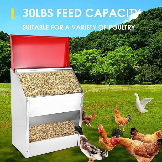 11.5-55lbs Galvanized Chicken Feeder - Rat Proof Poultry Feeder with Lid Weatherproof Outdoor Coop Food Dispenser (30lbs 13.8x8.3x17.7in)