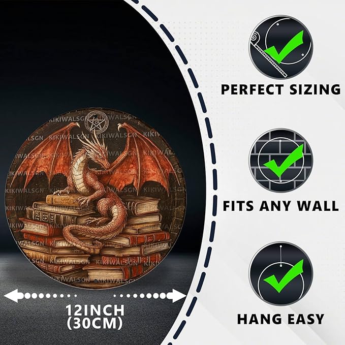KIKIWALSGN Dragon Decor Vintage Round Metal Sign Retro Books Tin Sign Wall Decor Bedroom Living Room Cafe Library Bookshelf Office 12 * 12 In