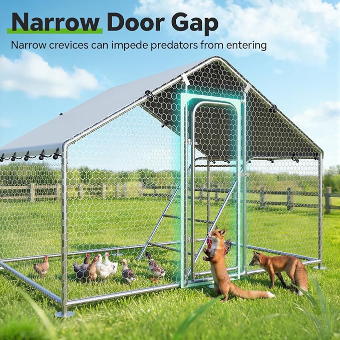 Large Metal Chicken Coop with Roosting Perch, UV-Resistant and Waterproof Cover, Chicken Run Outdoor Walk-in Cage Rabbit Duck Hen House for Yard Farm Use Spire Roof (10’ W x 4.9’ L x 6.4’ H)