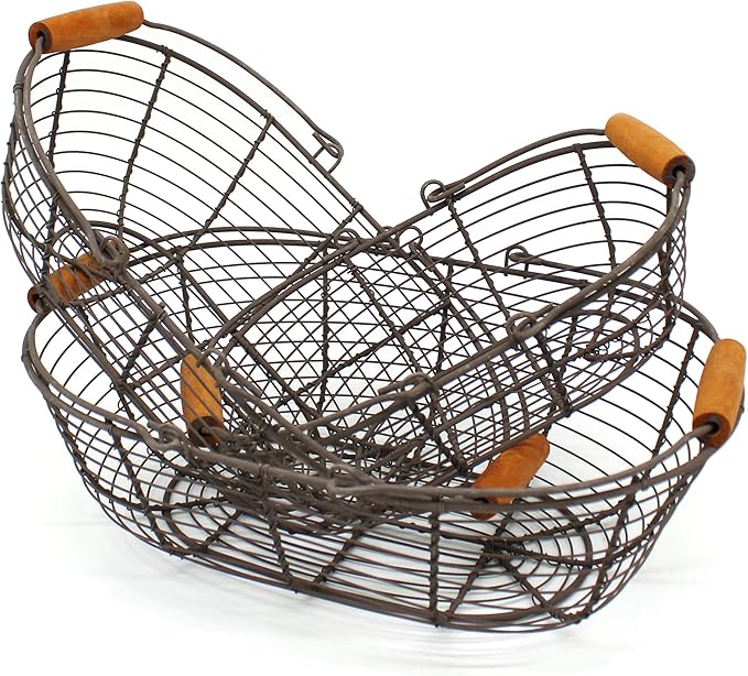 CVHOMEDECO. Oval Metal Wire Storage Baskets Rustic Egg Baskets with Wooden Handles Farmhouse Gathering Baskets. Rusty, Set of 3